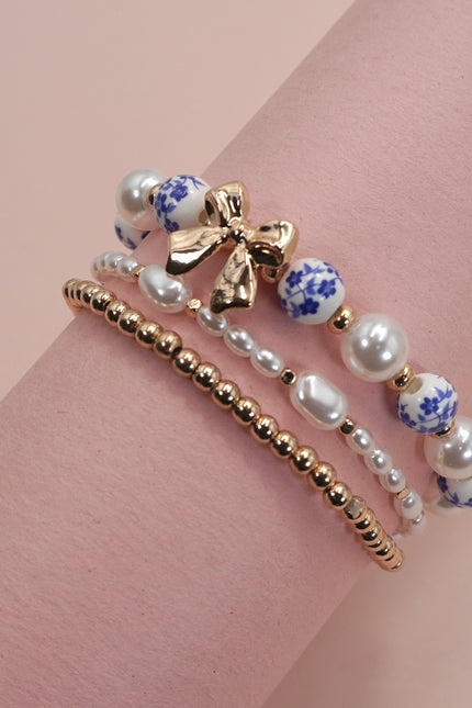 Blue Ceramic and Bow Bracelet Set