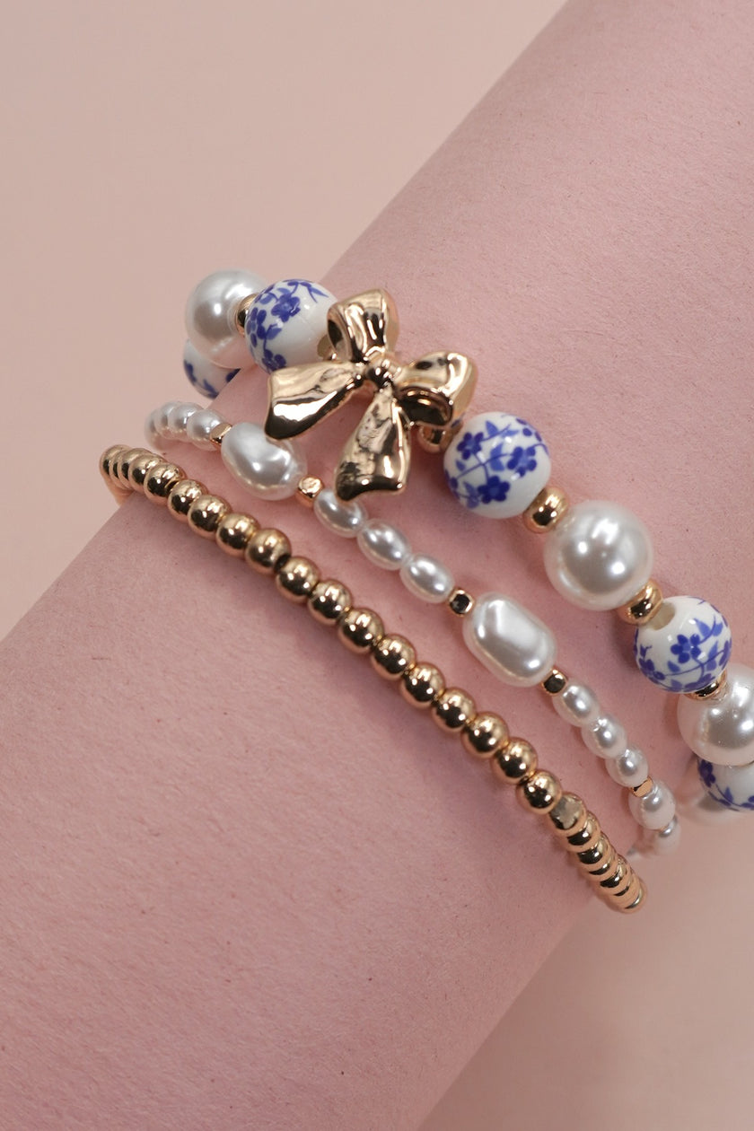 Blue Ceramic and Bow Bracelet Set